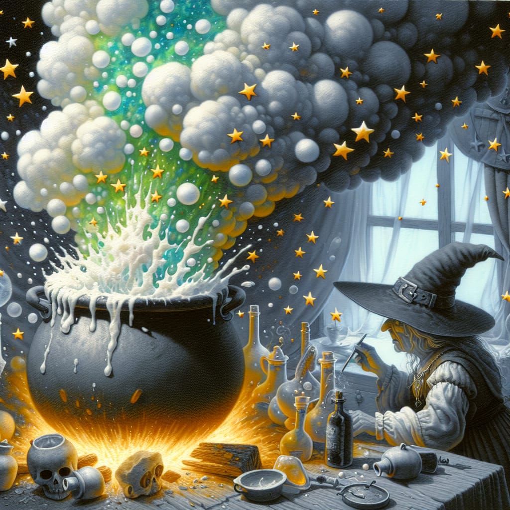 Whimsical Witch Hides From Bubbling Cauldron, Acrylic Painti...