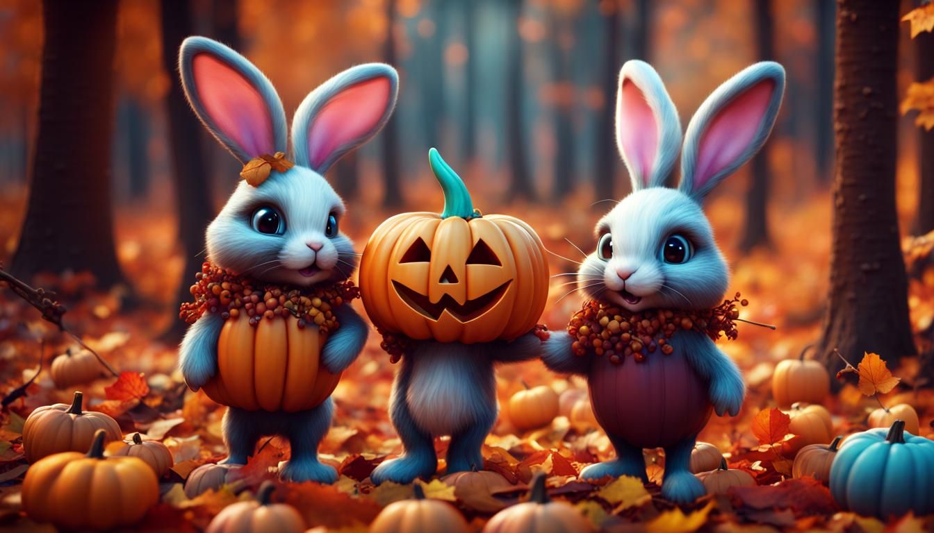 Halloween Rabbits in Autumnal Woods: Detailed Matte Painting