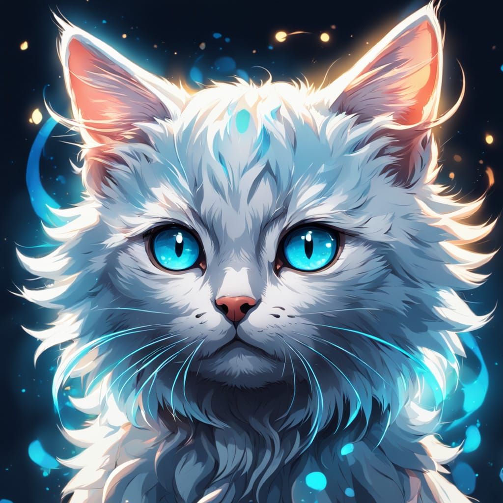 Majestic Blue-Eyed Baby Cat in Vibrant Manga Style