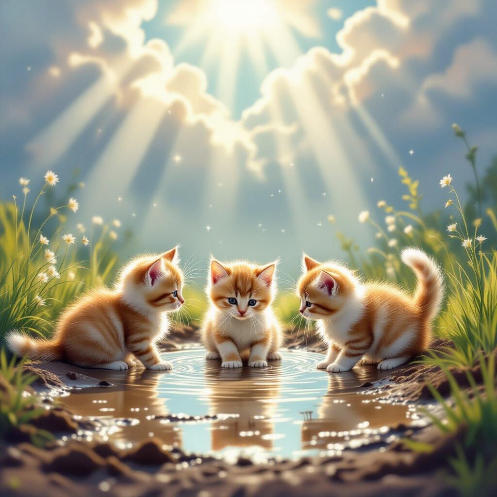 Fluffy Kittens Play in Muddy Puddle Under Divine Sunshine