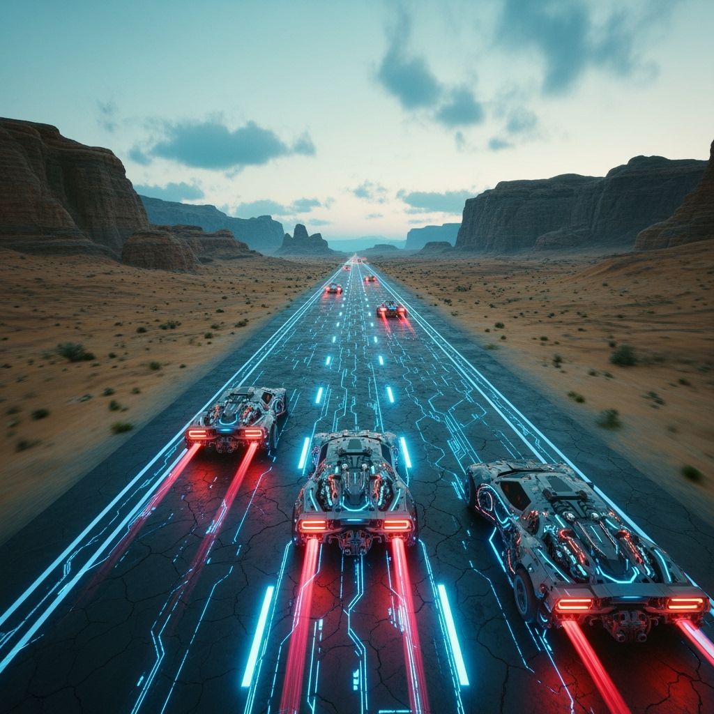 Cyberpunk Vehicles Race Down Desert Highway