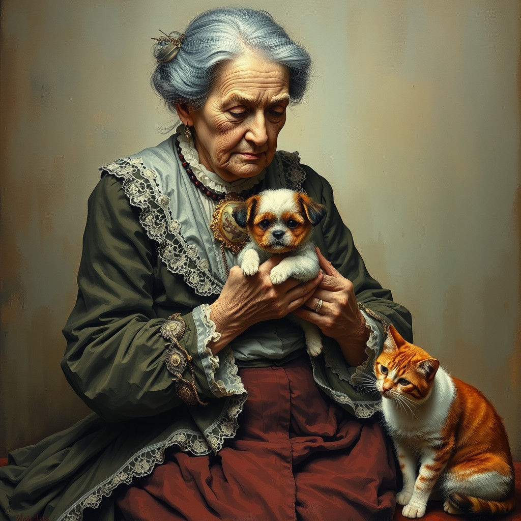 Victorian Woman with Dog, Impasto Style Painting