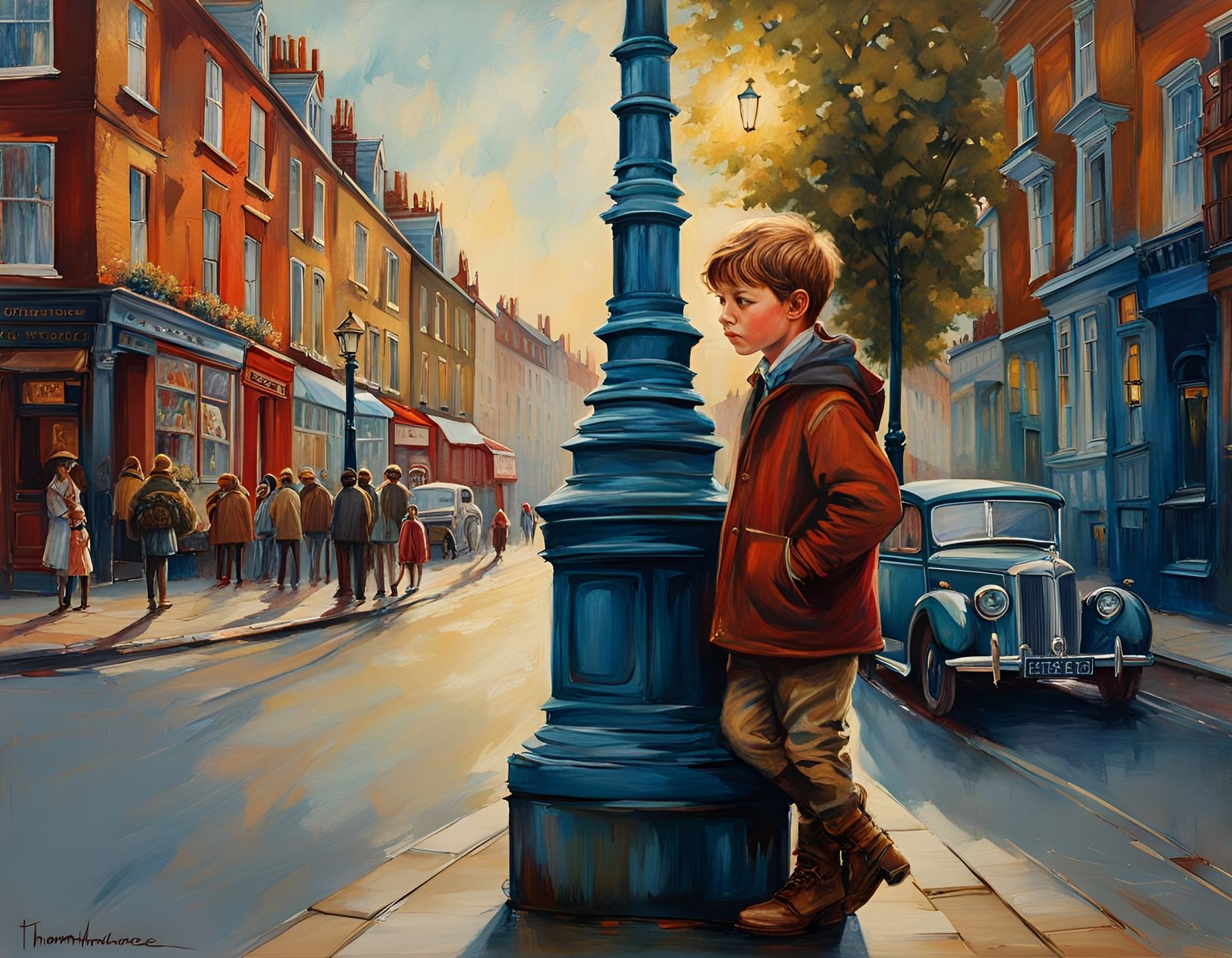 British Boy in City, Folk Art Style Painting