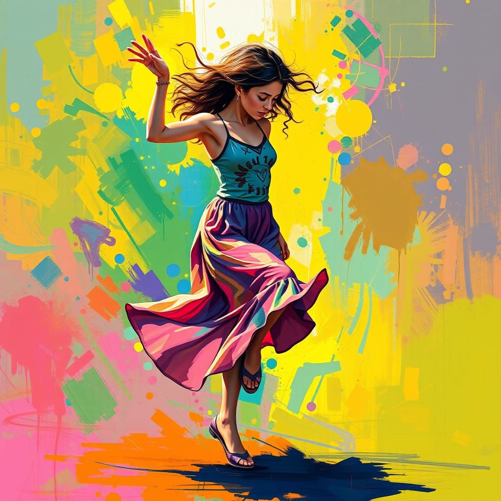Energetic Young Woman Dancing with Vibrant Brushstrokes
