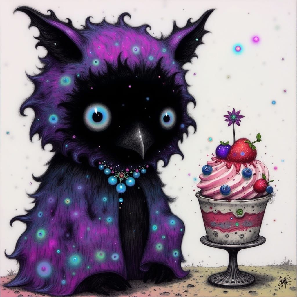 Enchanted Raven Beside Iridescent Parfait in Dreamy Anime Se...