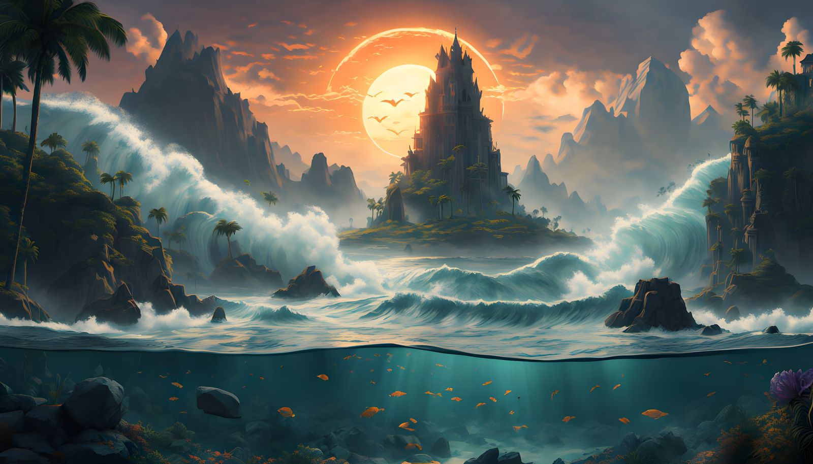 Surrealistic Goddess Rises from the Waves at Sunset