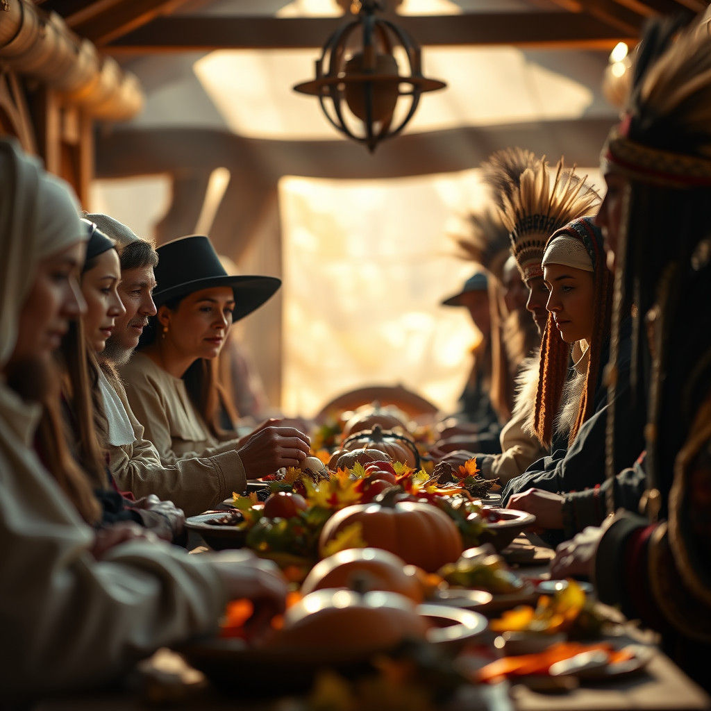 Pilgrims and Native Americans Share Thanksgiving Feast