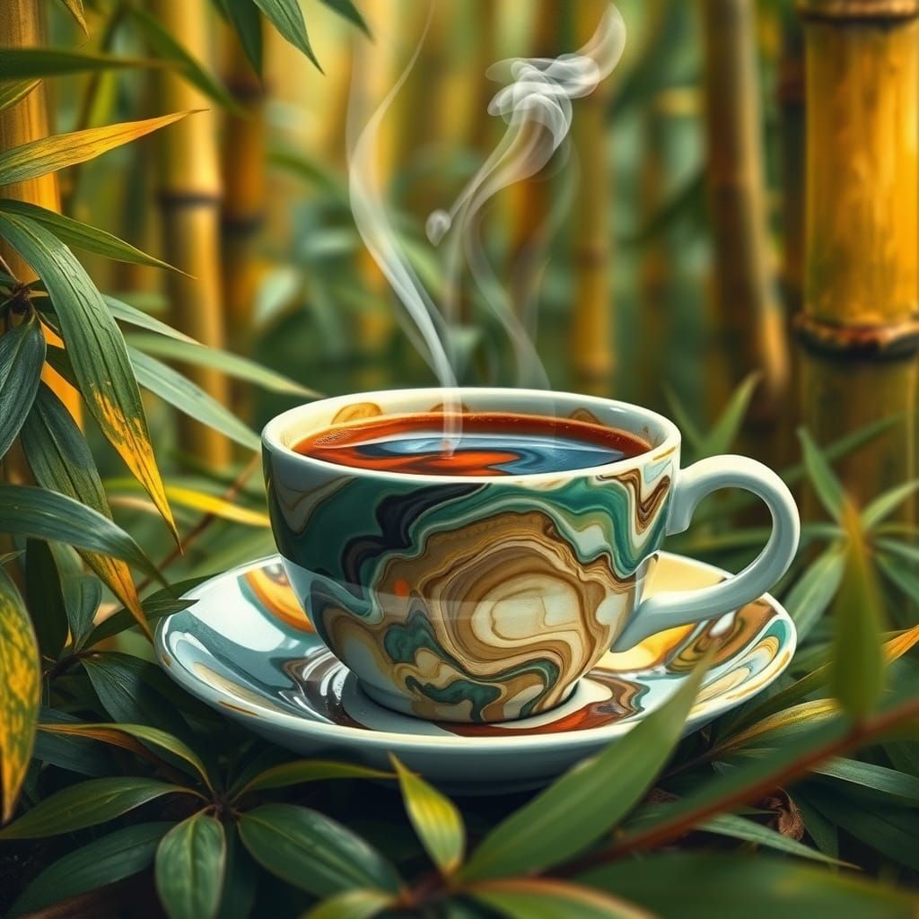 Vibrant fluid painting. Close-up of a coffee cup and saucer ...