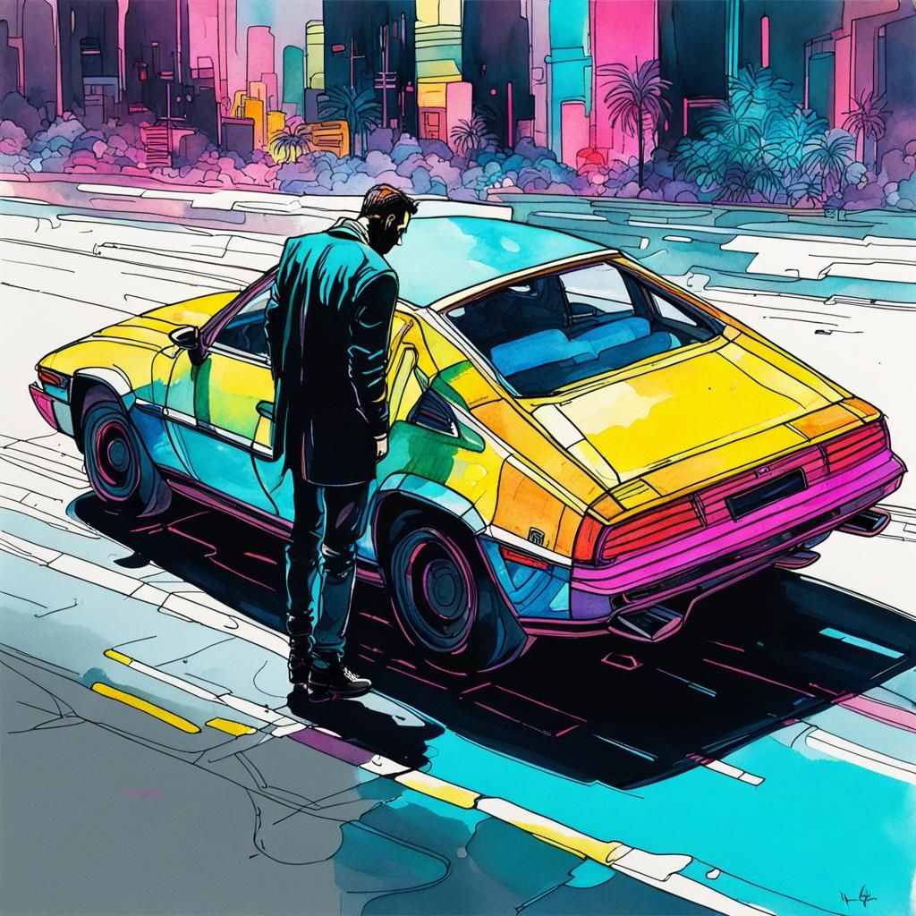 Elegant Car Silhouette in Neo-Impressionist Cyberpunk Style