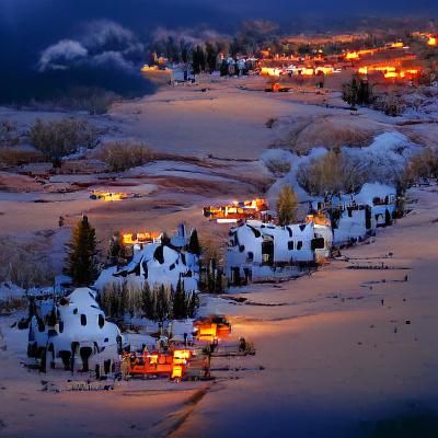 Snowy Village in Colorado at Twilight