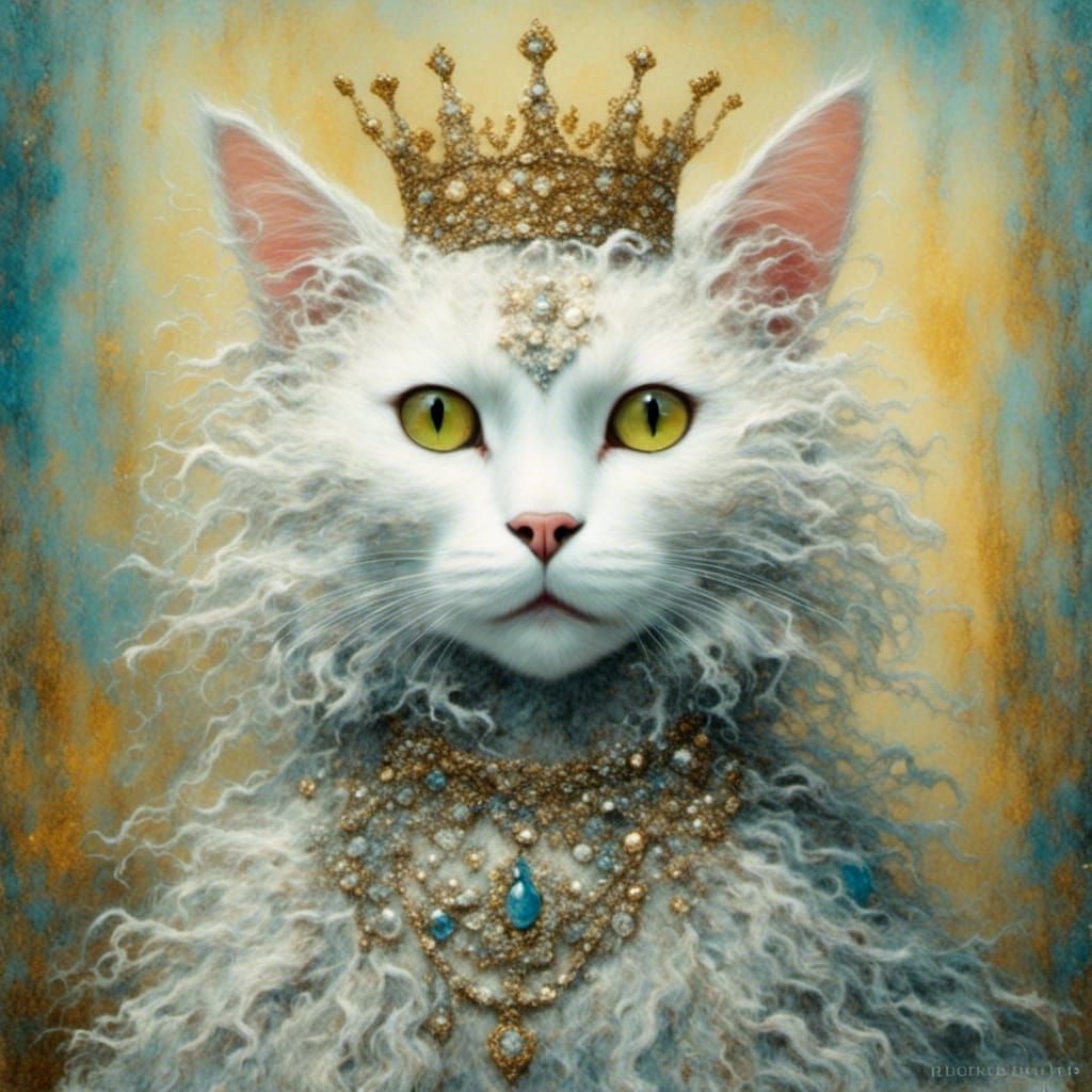 White Cat Queen with Crown, Digital Art