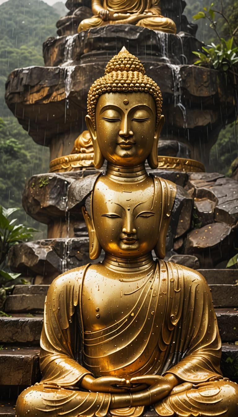 Golden Buddha in Rainy Mountain Top Concept Art