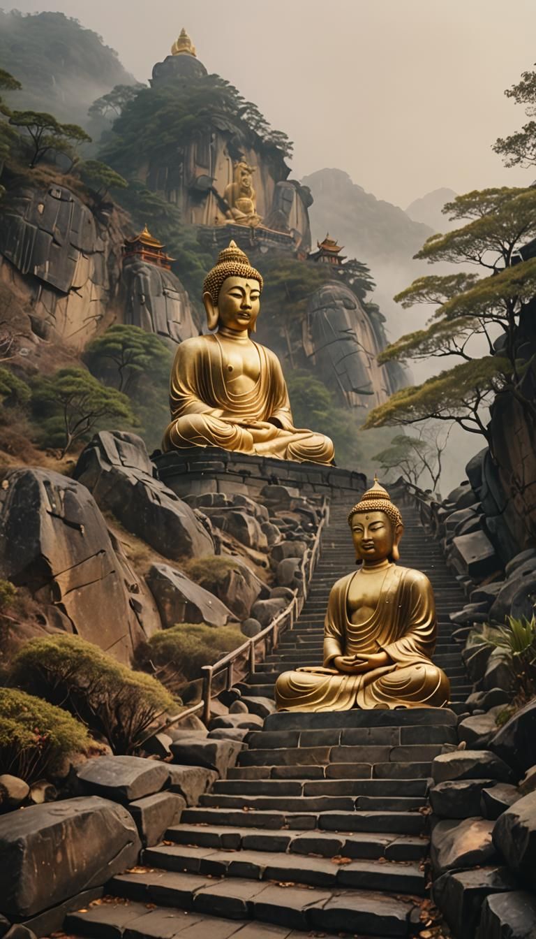Golden Buddha in Rainy Mountain Scene, Watercolor Style