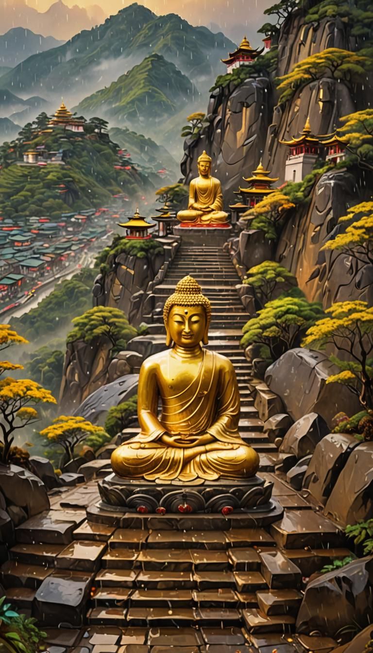 Golden Buddha on Misty Peak in Vivid Oil Painting