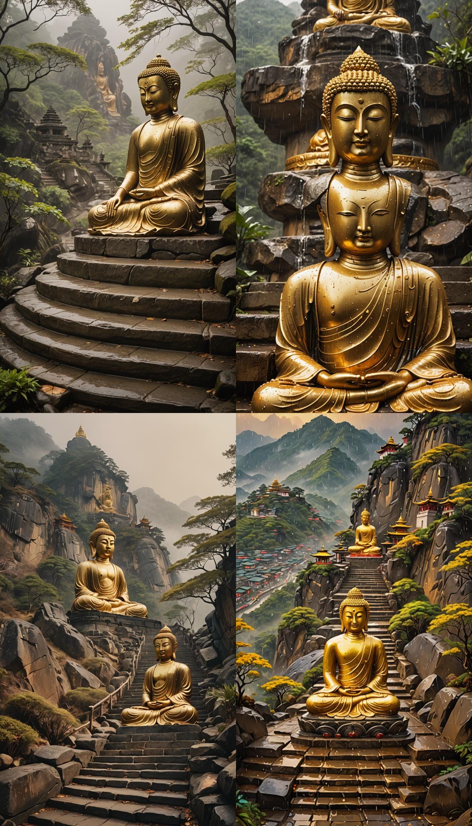 Golden Buddha Statue in Rainy Mountain Scene