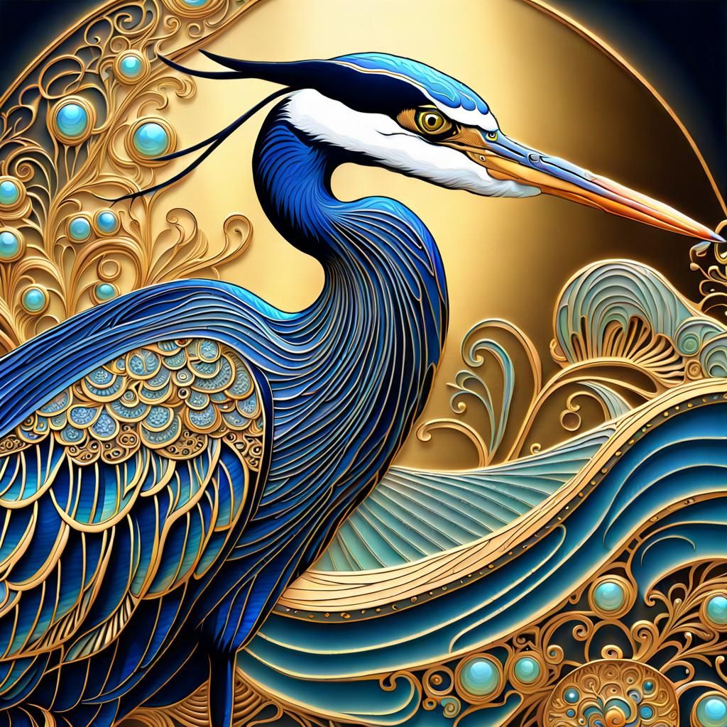Intricate Blue Heron Faberge-Style Filigree Art