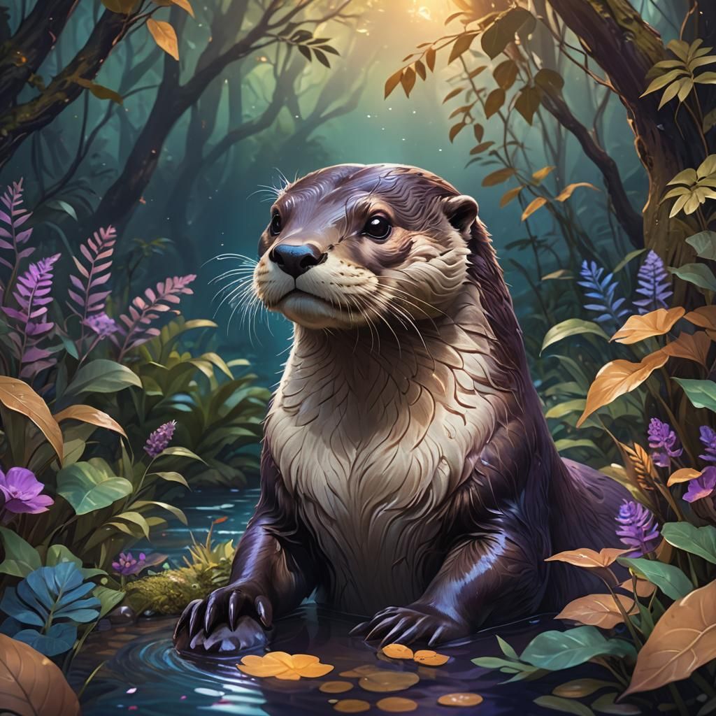 Pregnant Otter in Mystical Forest: Fantasy Concept Art