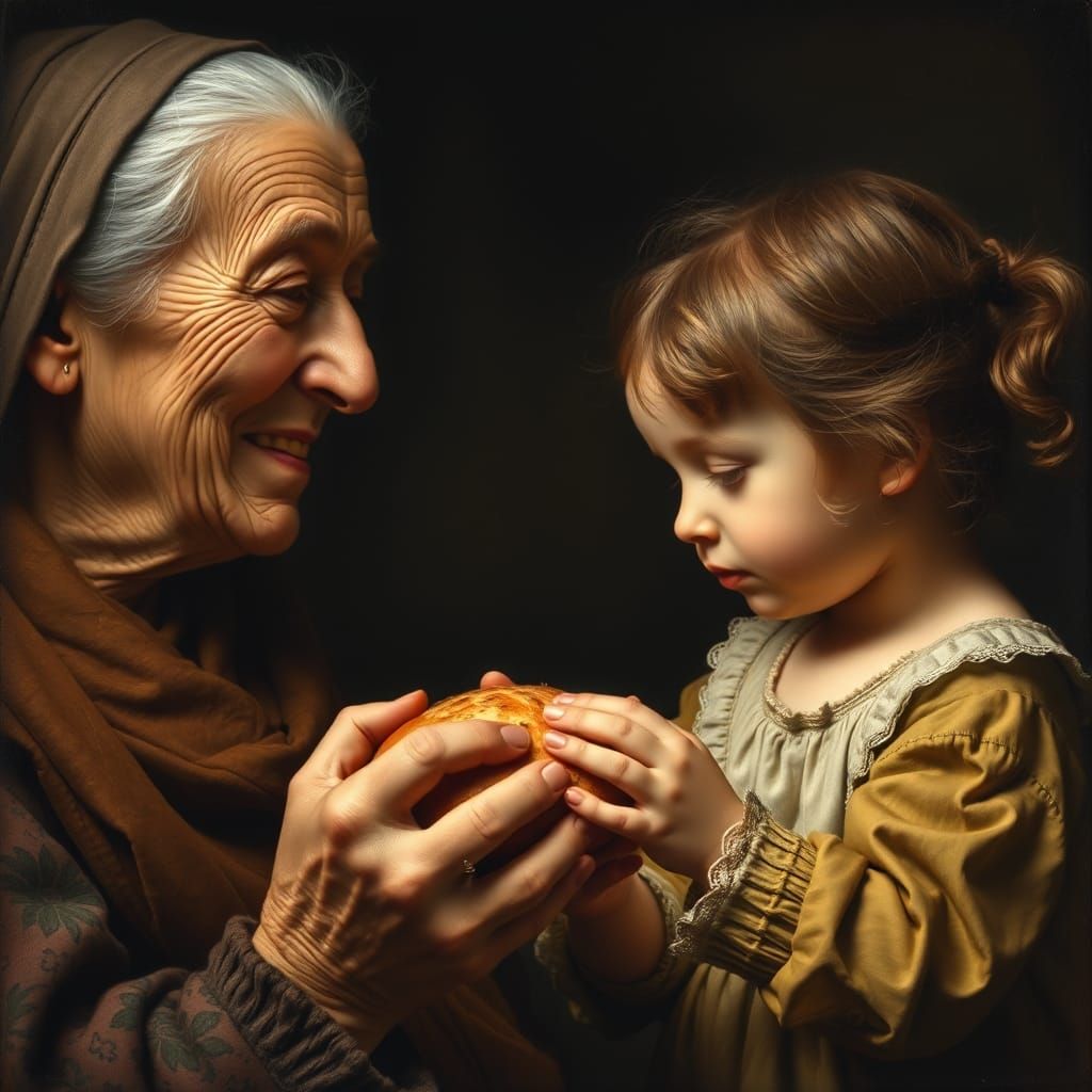 Elderly Woman and Girl Sharing Bread, Classical Portrait