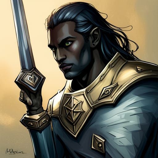 Drow Paladin Character Portrait in Holy Armor