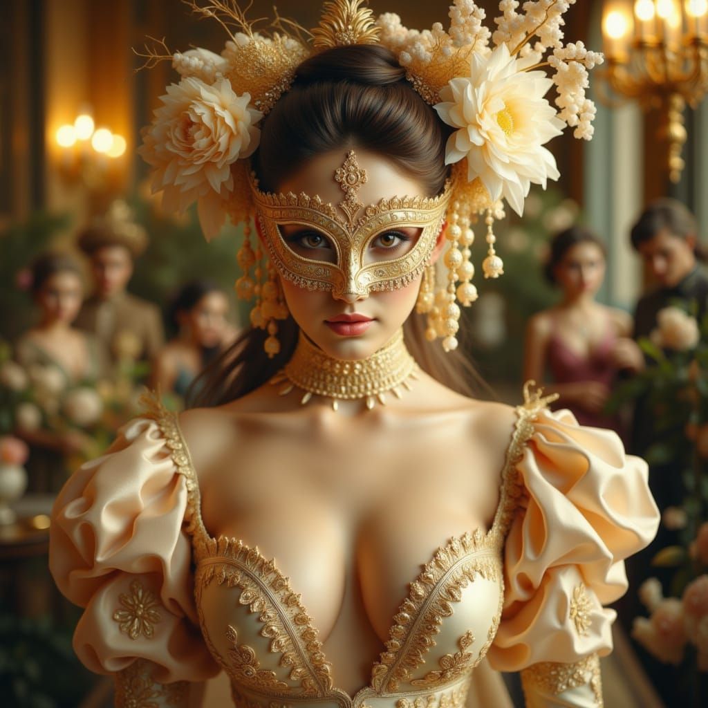 Elegant Woman in Silk Masquerade Gown with Jasmine