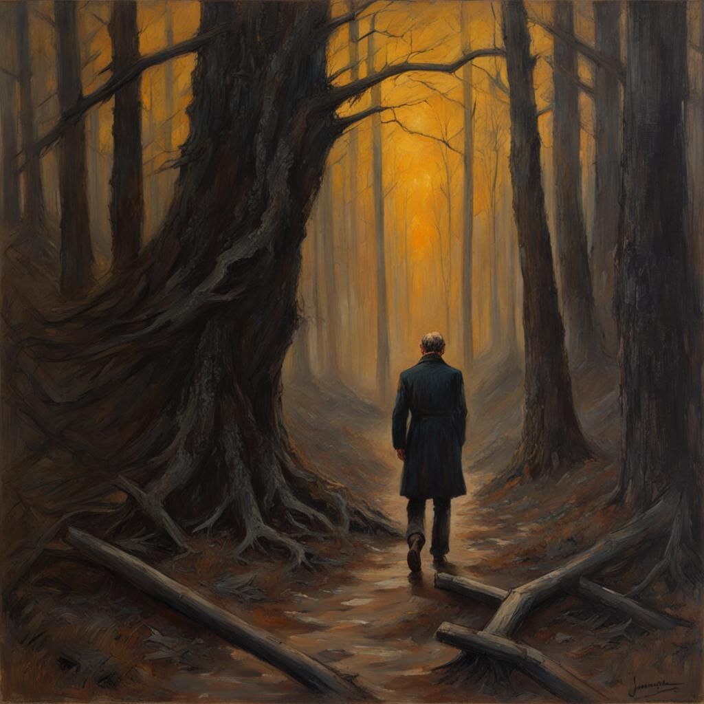 Man's Despair in Dark Woods: An Oil Painting