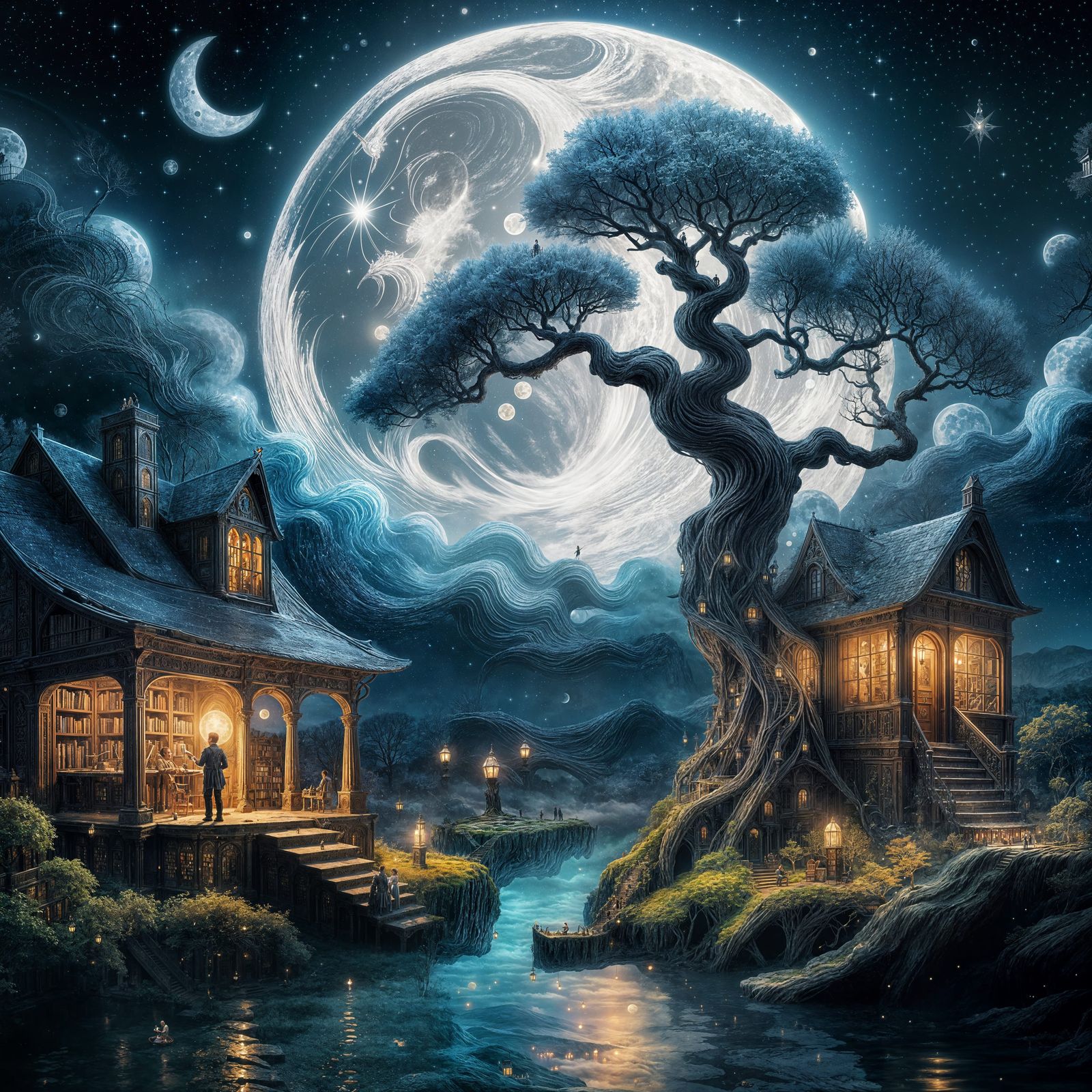 Ethereal Library Under a Twinkling Celestial Sphere