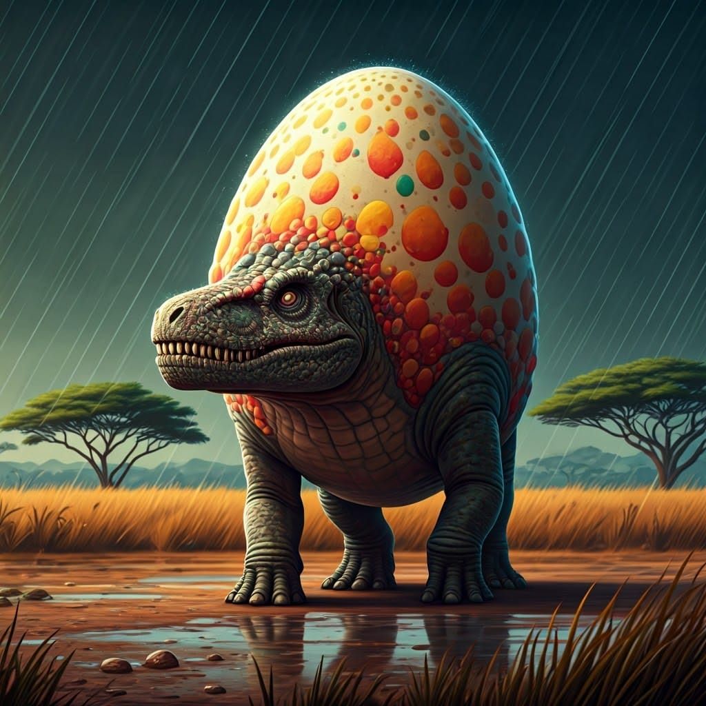 Colorful Prehistoric Dinosaur Stomps Through Rainy Savanna