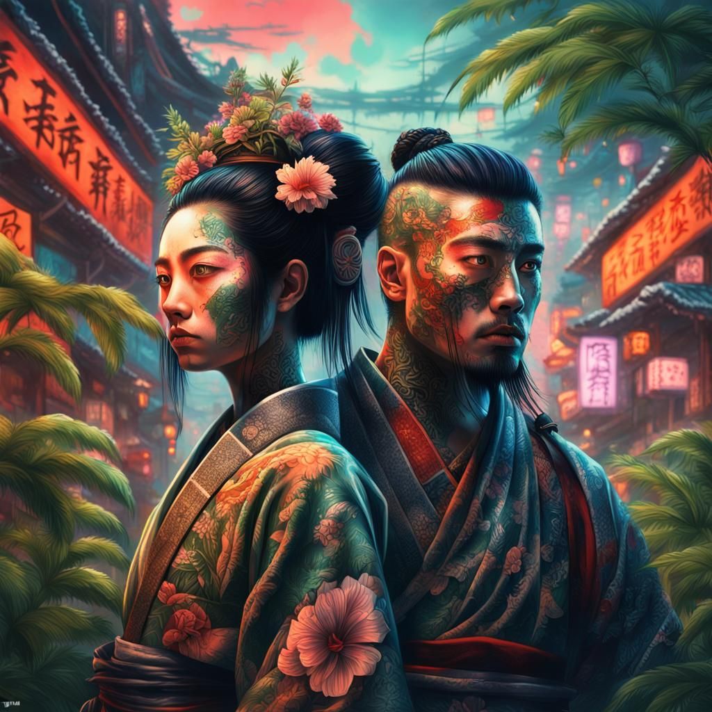 Samurai, Geisha in Neon Jungle Cityscape