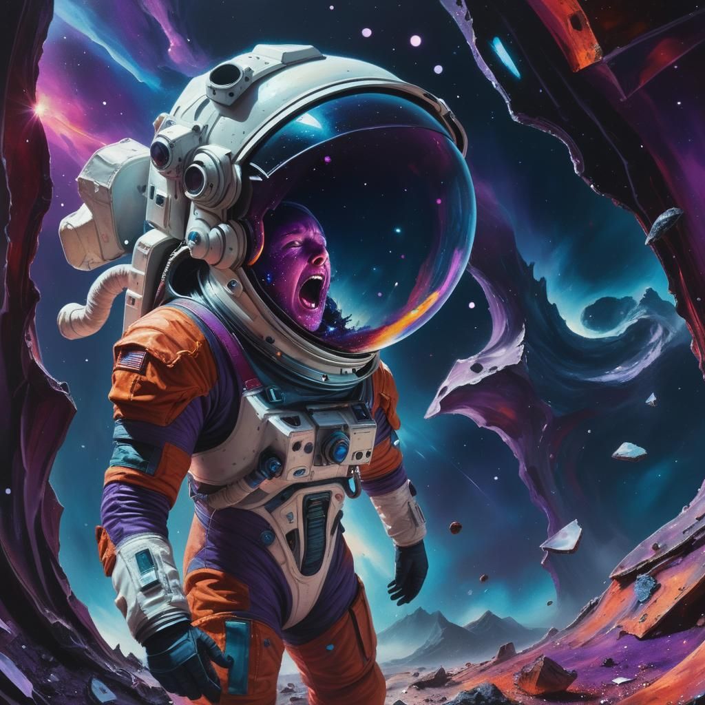 Astronaut Screaming in Starry Galaxy: Surreal Oil Painting