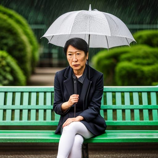 Bewildered Woman on Bench in Rainy Weather