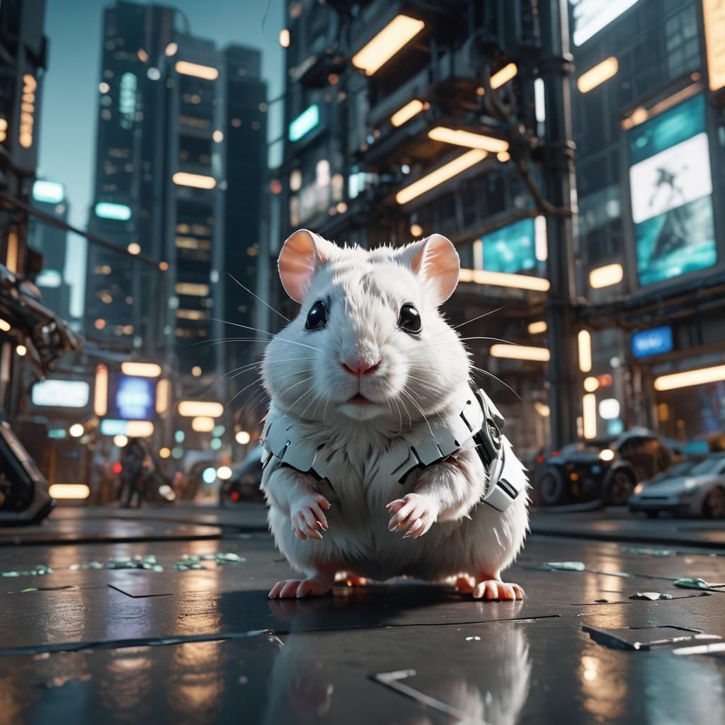 Giant White-Mint Hamster in Sci-Fi Cityscape