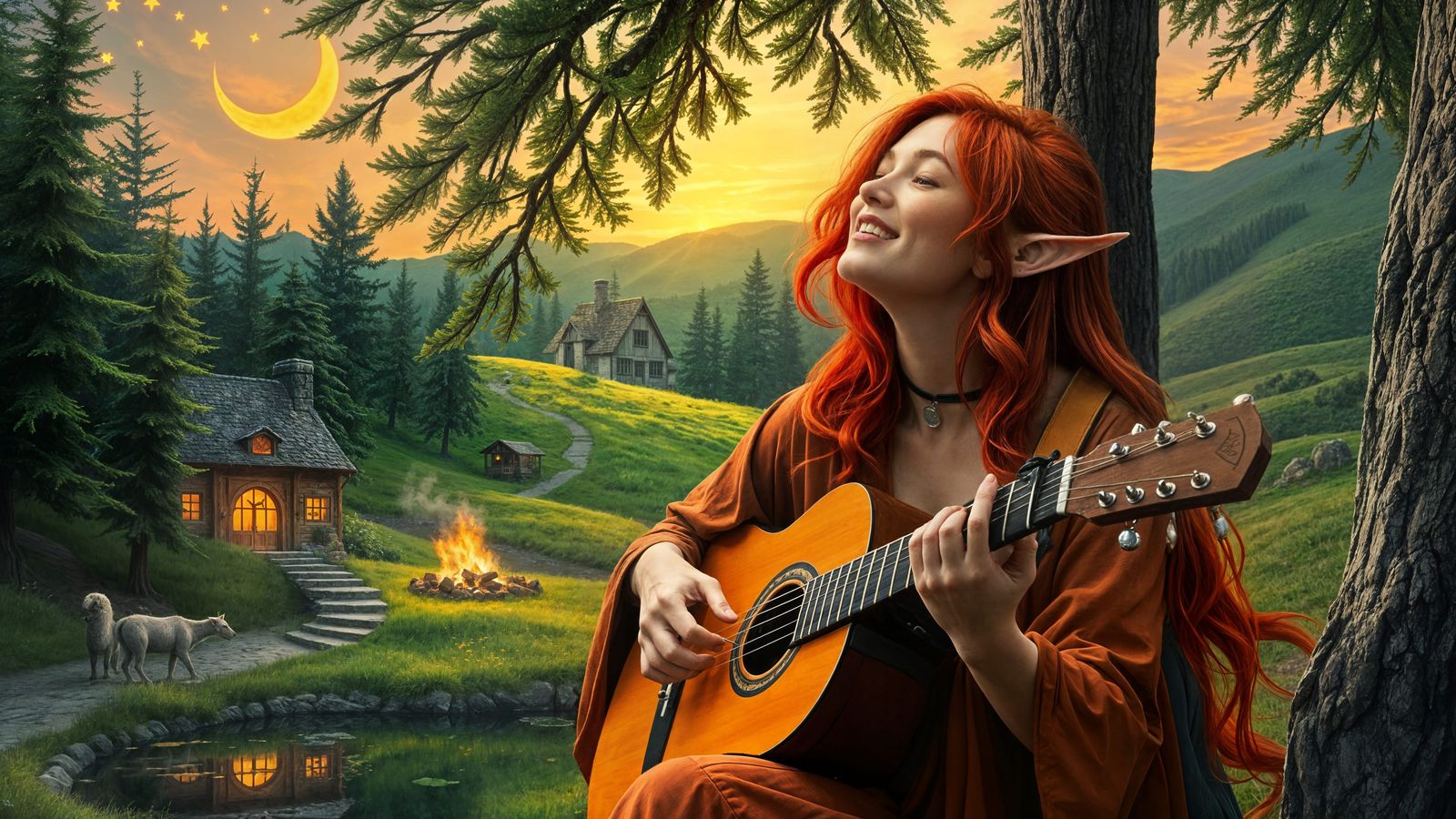 Elf Musician in Whimsical Forest at Golden Hour