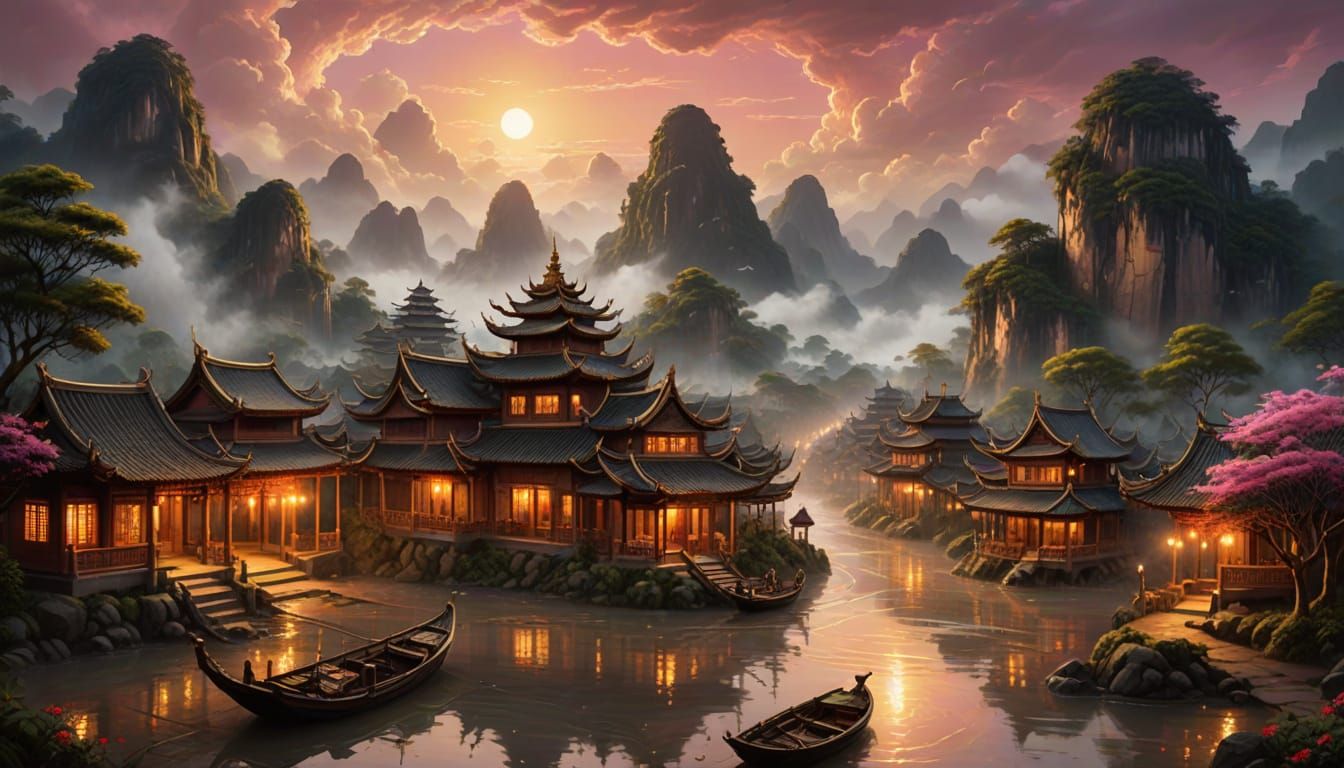 Dreamlike Southeast Asian Village at Night