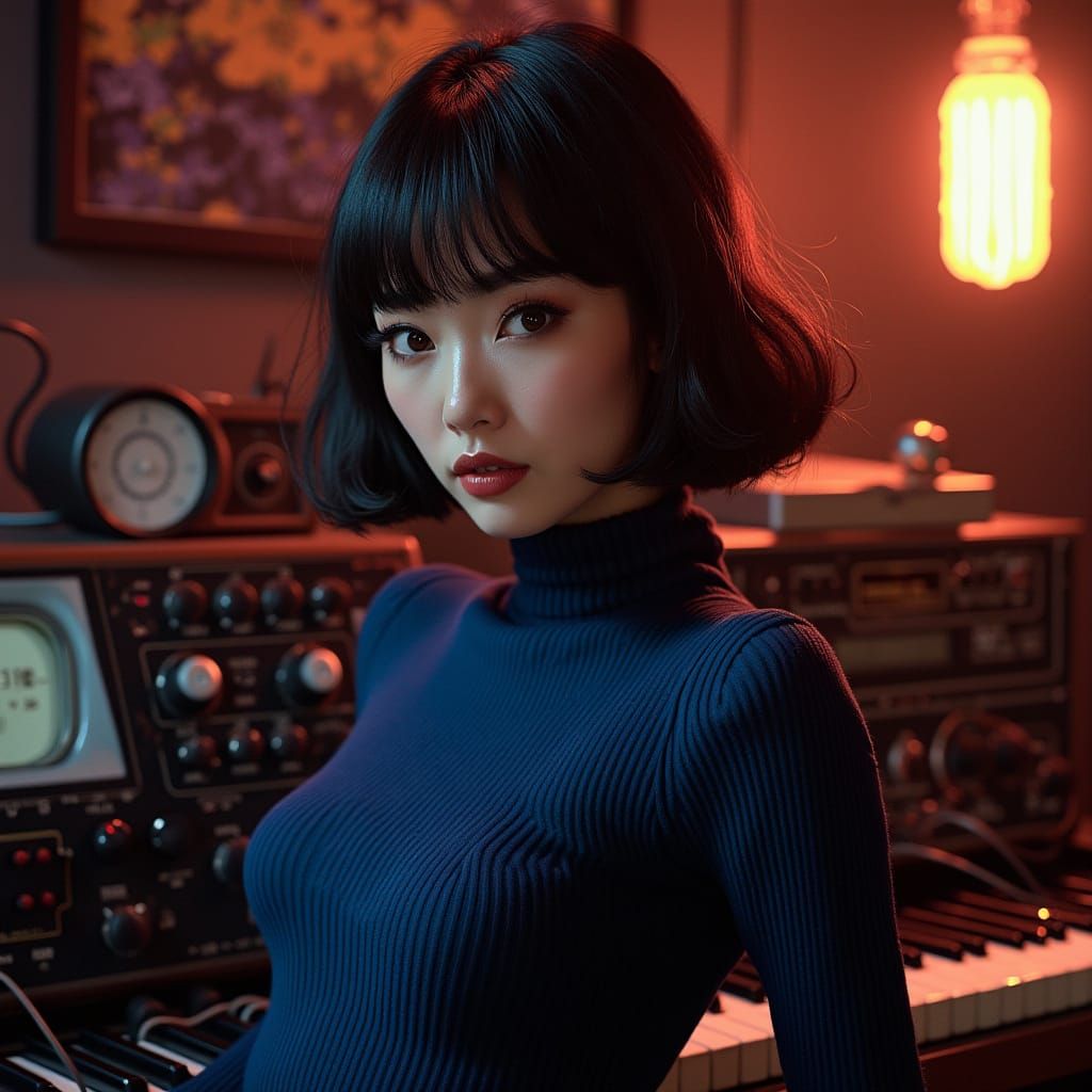 Glamorous 1970s Chinese Pop Icon in Retro Synthesizer Setup