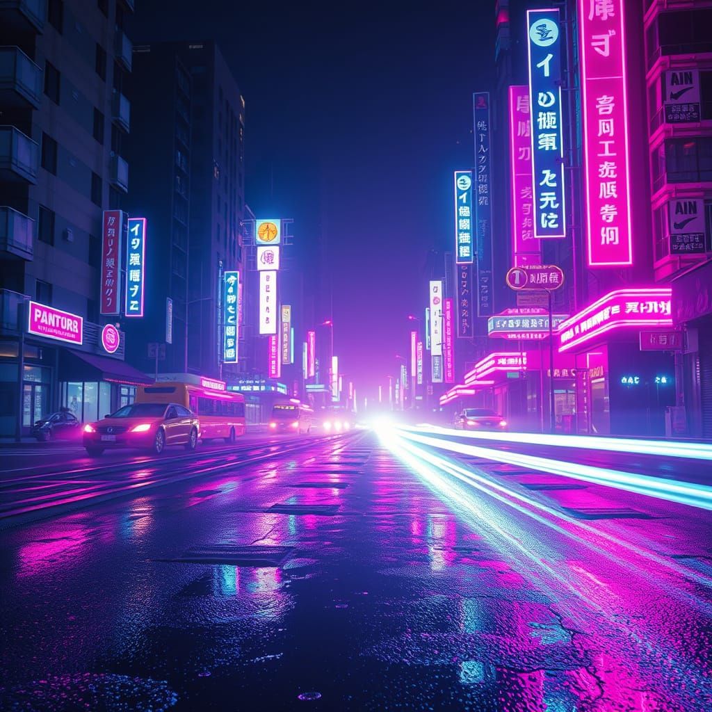 Neon Pink Cityscape: Wet Streets and Retro-Futuristic Glow