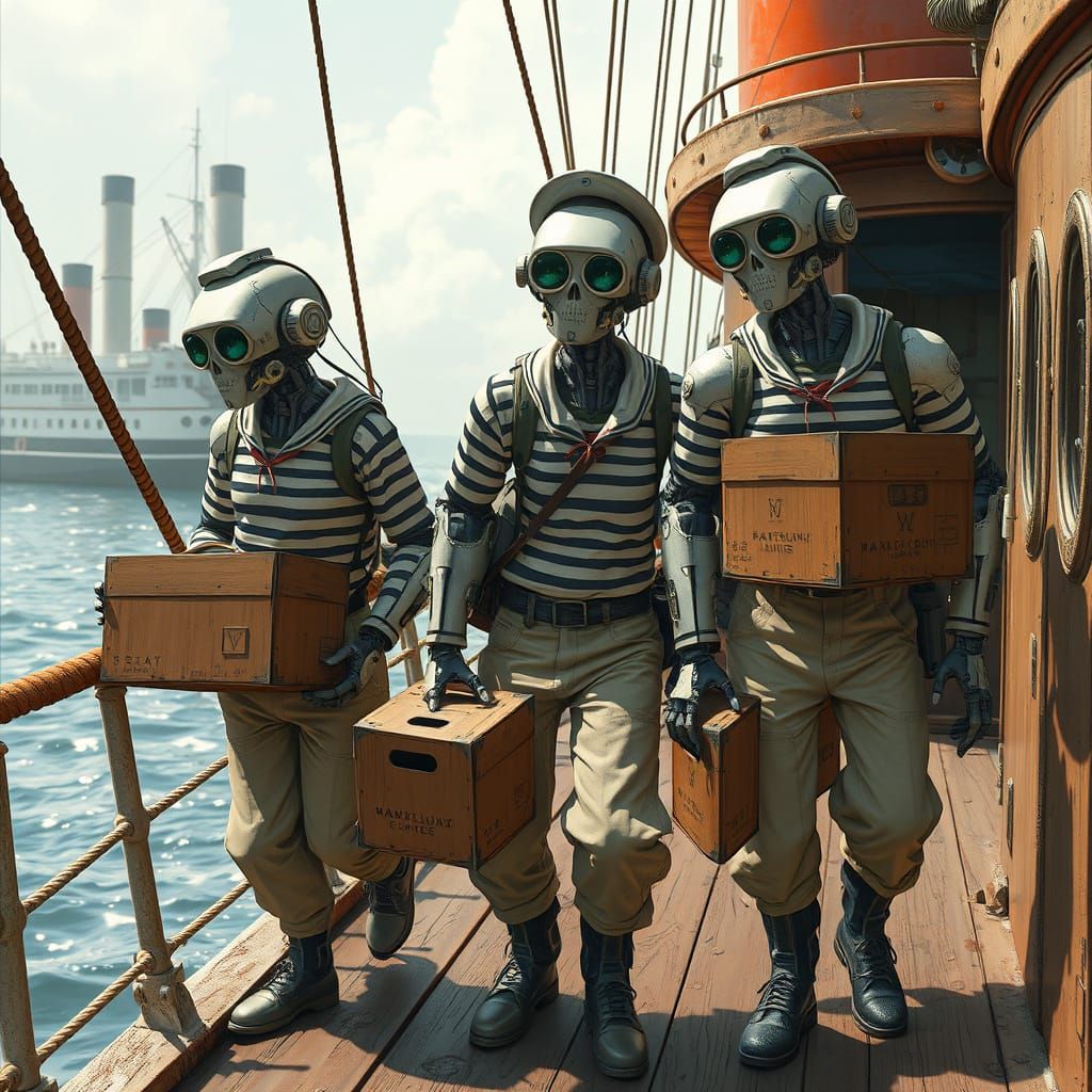 Retro-Futuristic Robot Sailors on Vintage Steamboat