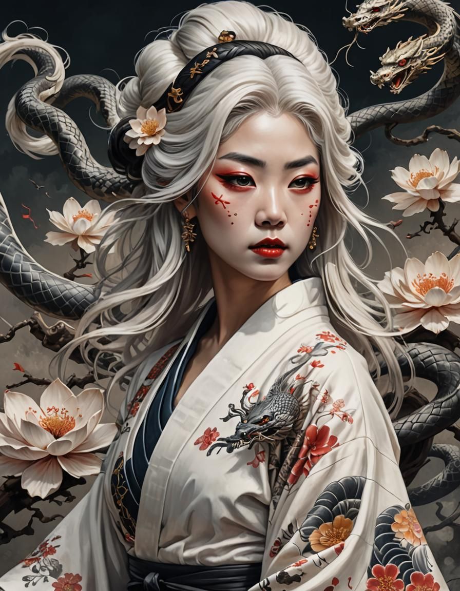 Geisha with Sword: Detailed Digital Art Portrait