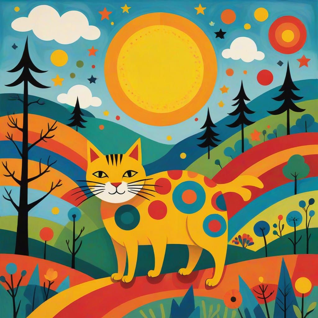 Whimsical Folk Art Cat in Vibrant Landscape