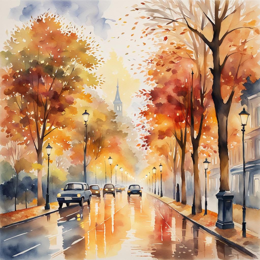 Autumn Street Scene in Watercolour Impressionism