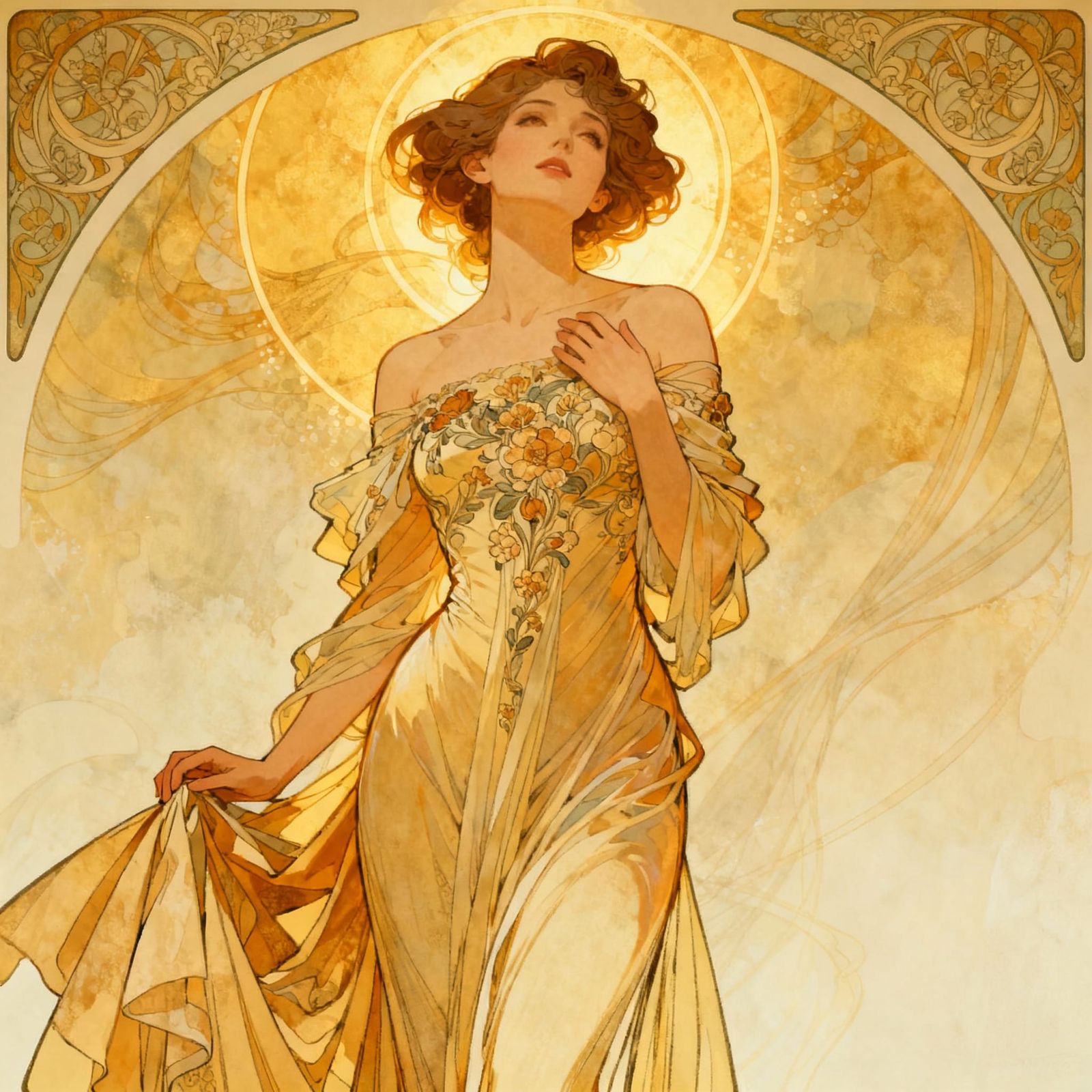 Elegant Woman Elena in Golden Light, Art Nouveau Style