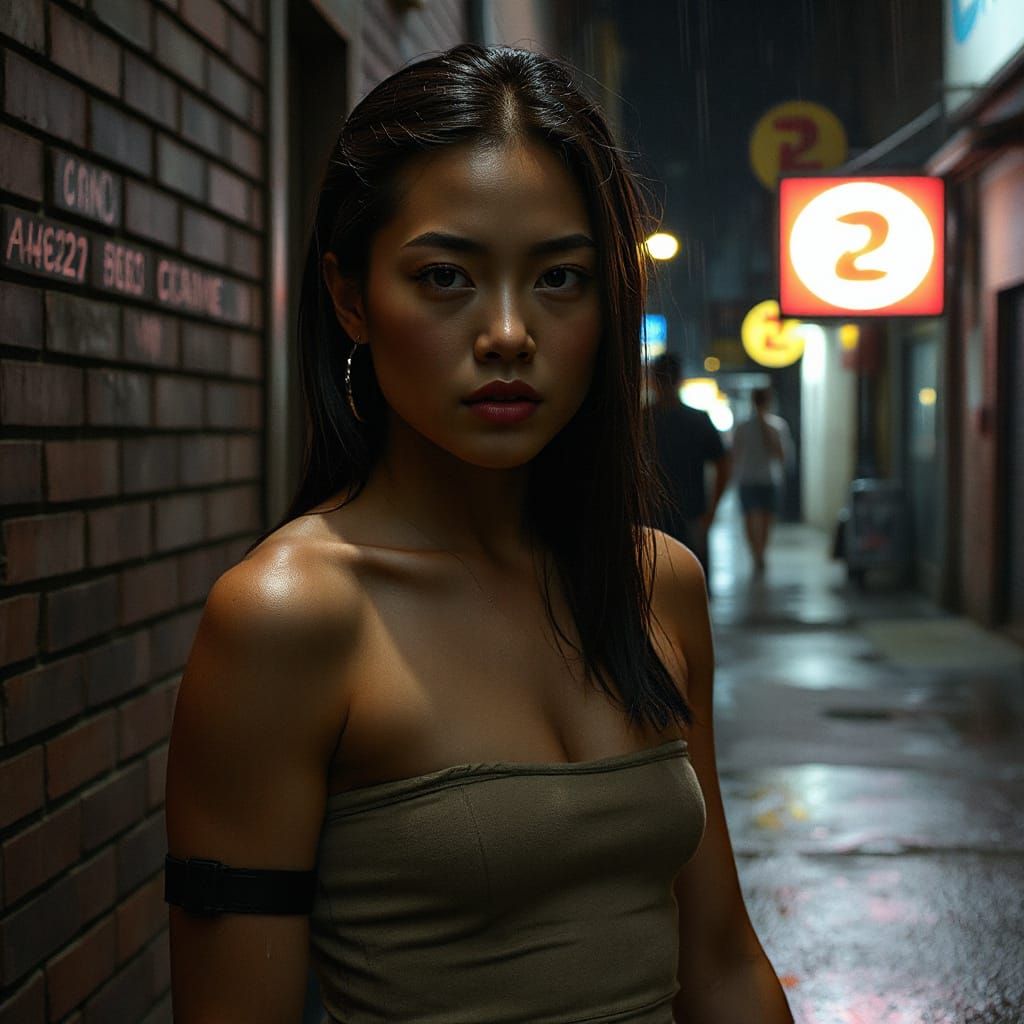 Filipina Woman with Cybernetic Arm in Neon Alley