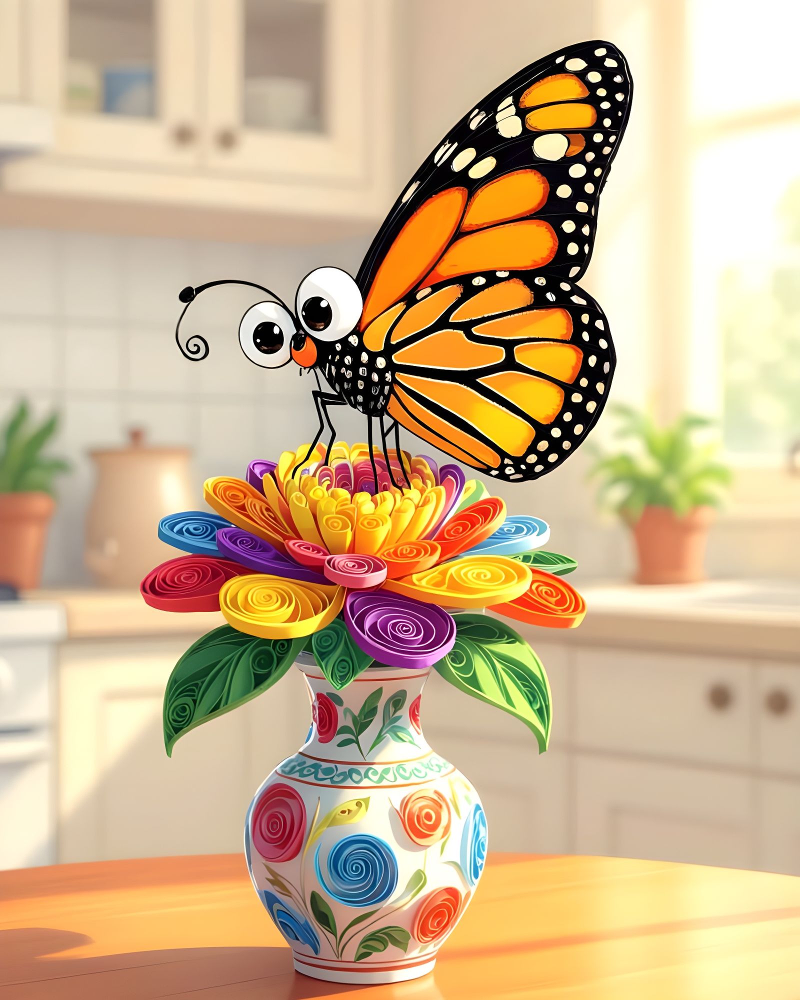 Confused Cartoon Butterfly on Quilled Paper Flower