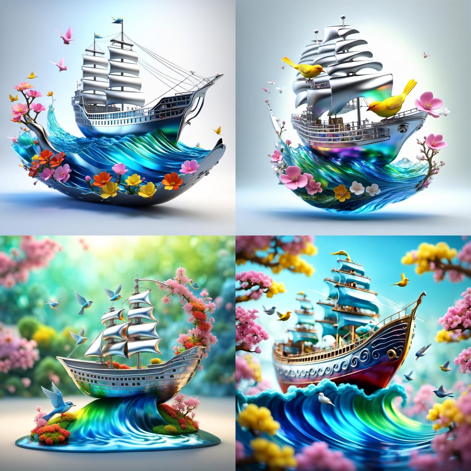 3D Metal Ship Sailing a Spring World Wave