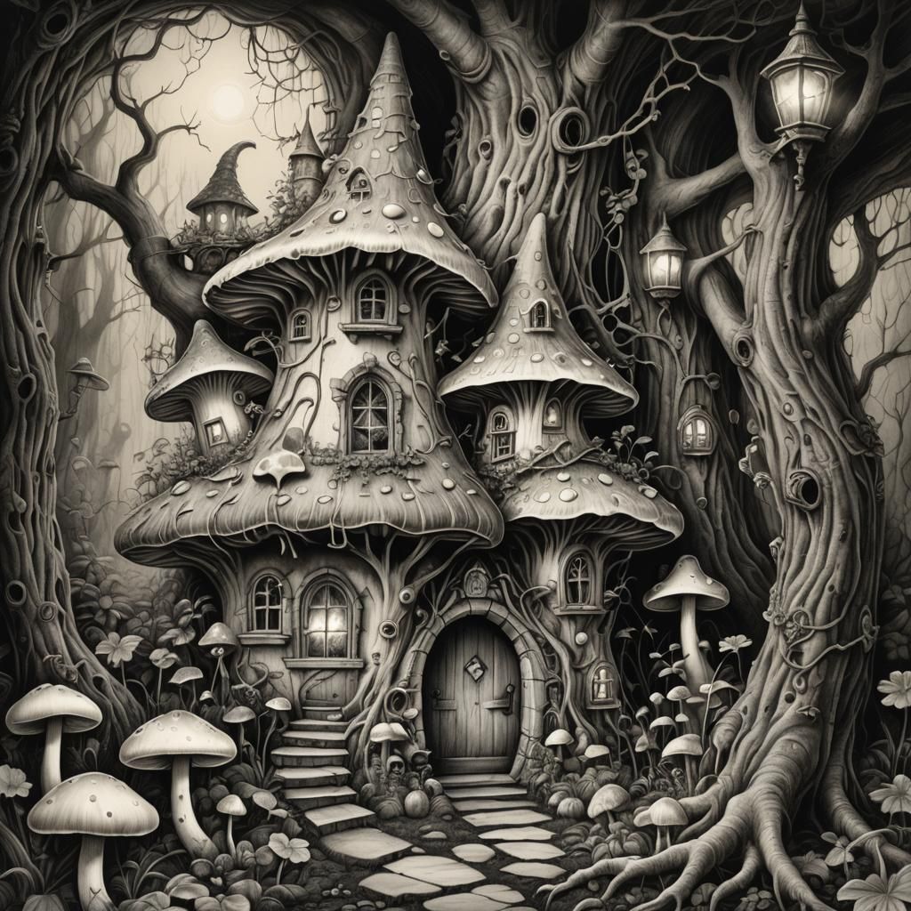 Ornate Toadstool House with Gnome in Charcoal