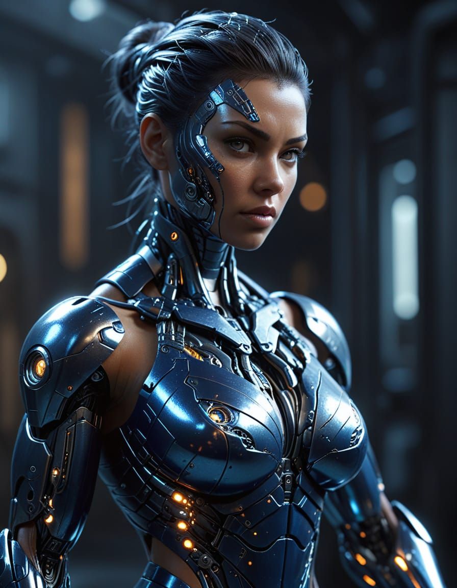 Athletic Cyborg Navy Woman in Realistic Digital Painting