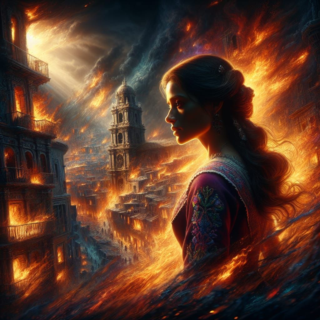 Stoic Woman Walks Through Flames in a Burning Town