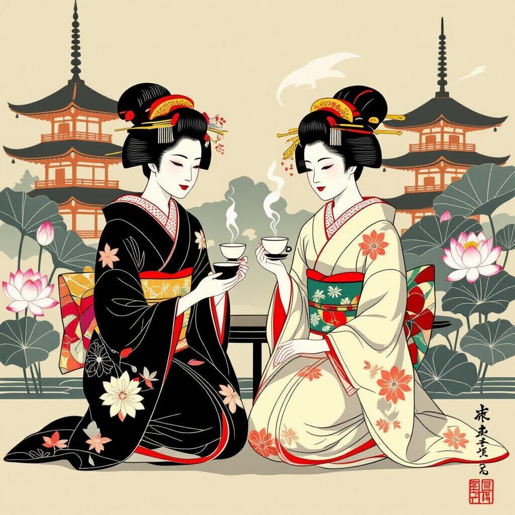 Geishas Enjoying Tea with Pagodas and Lotus Flowers