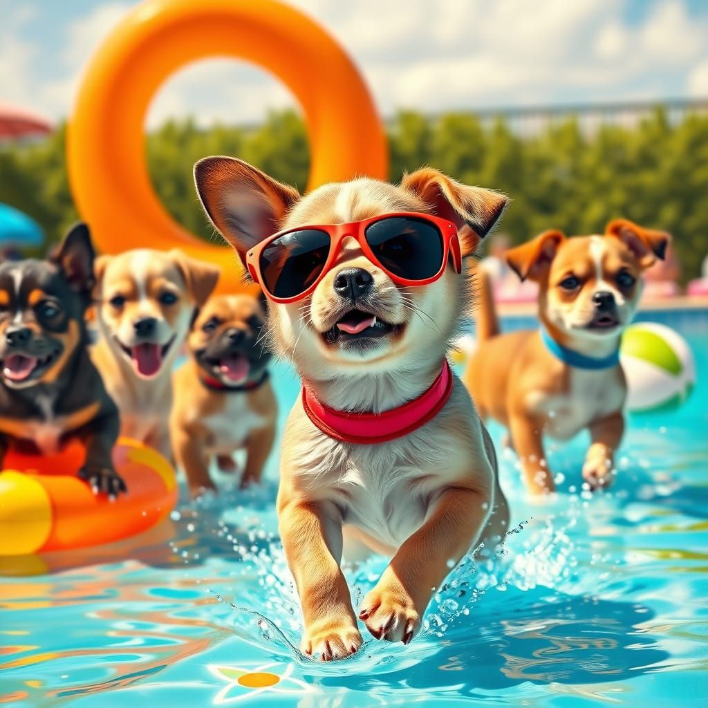 Adorable Puppies Play at a Sunny Pool in Vibrant, Photoreali...