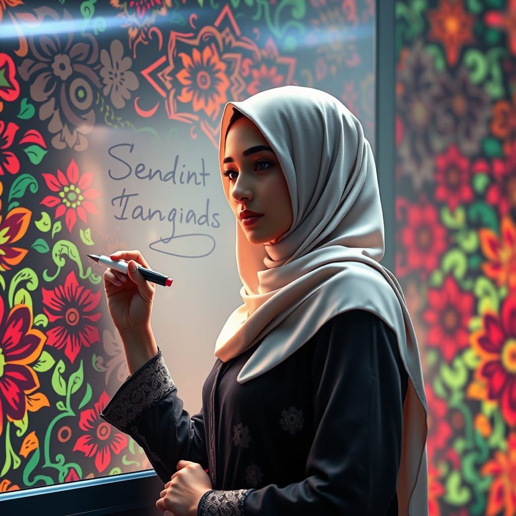 Serene Educator Writes in Futuristic Digital Whiteboard