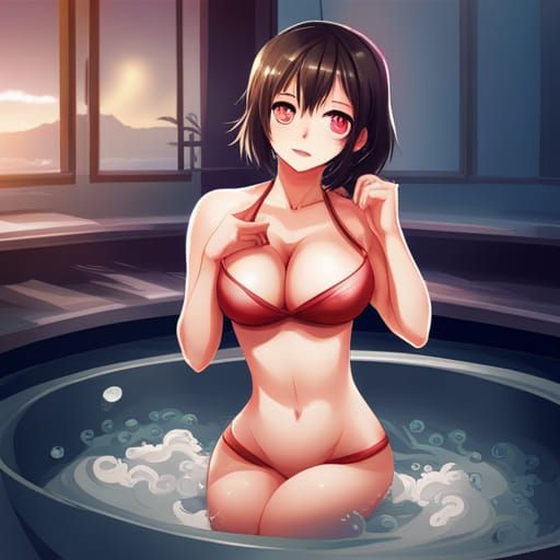 Anime Cat Girl Relaxing in Hot Tub